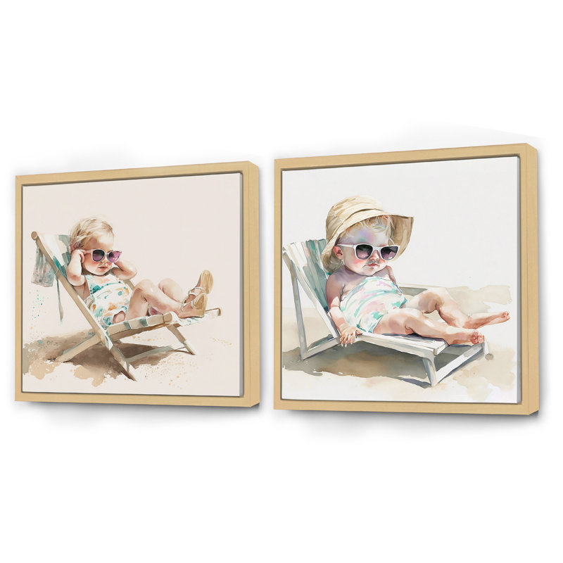 Child On The Beach - Ensemble de 2 collages carrés de plage, Cadre flottant brun, H 30 po x l 61 po
