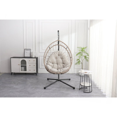 Outdoor Egg-Shaped Hanging Chair With Stand, Patio Wicker Swing Egg-Shaped Chair, Indoor Rocking Chair, Outdoor Hammock Egg-Shaped Chair, Linen Gray