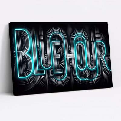Blue Hour Neon Text With Cyan Glow Lines On Black Canvas Wall Art