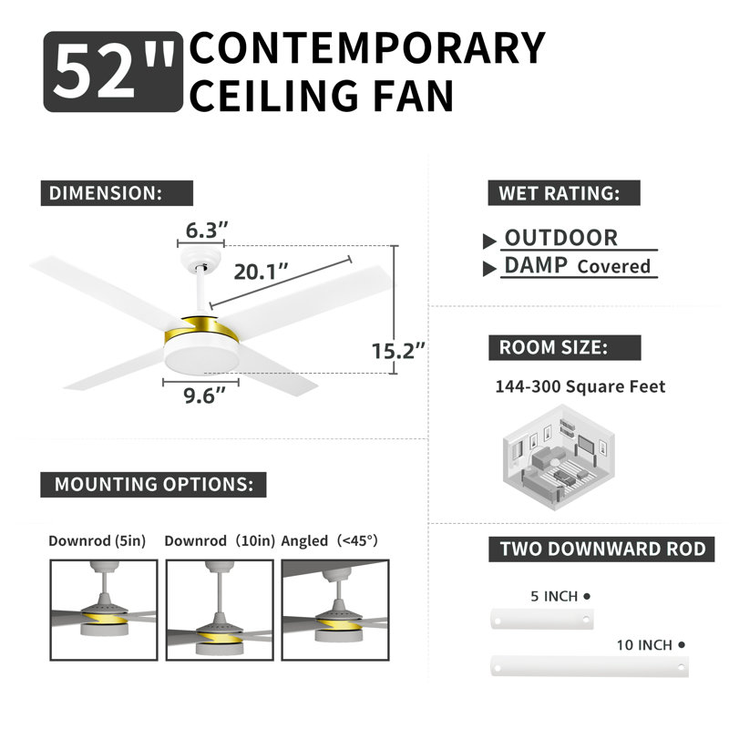 Ventilateur de plafond à 4 pales de 52 po avec lumière et télécommande Mercer41