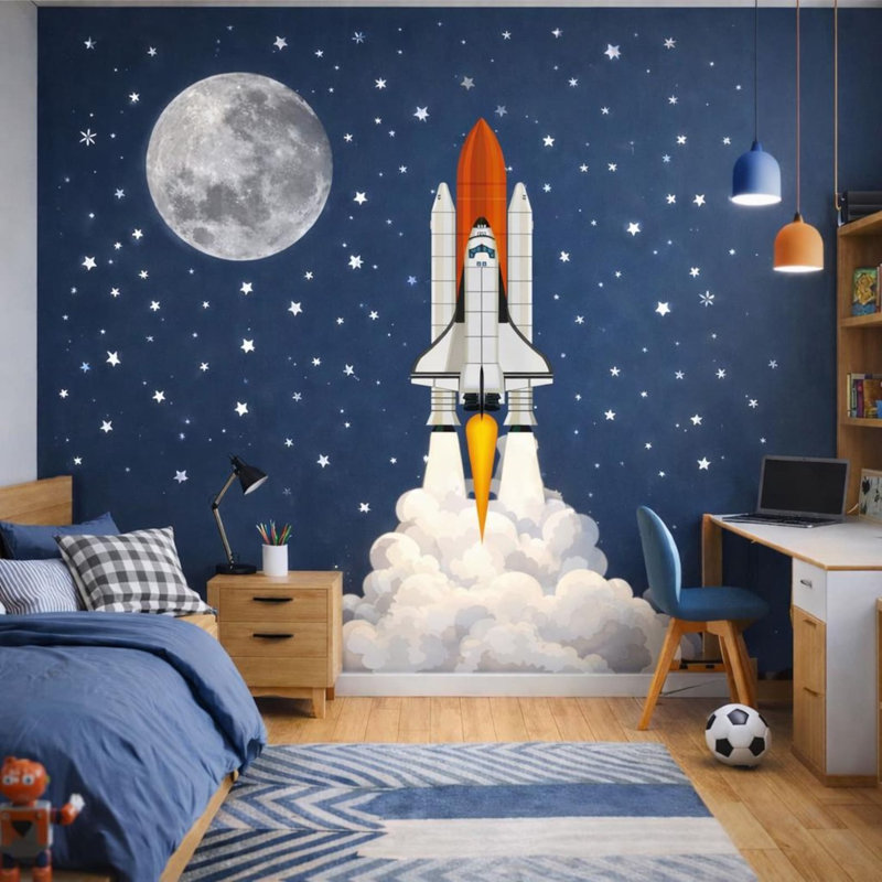 Décalcomanie murale fusée, lune et étoiles, 50 H x 46 W