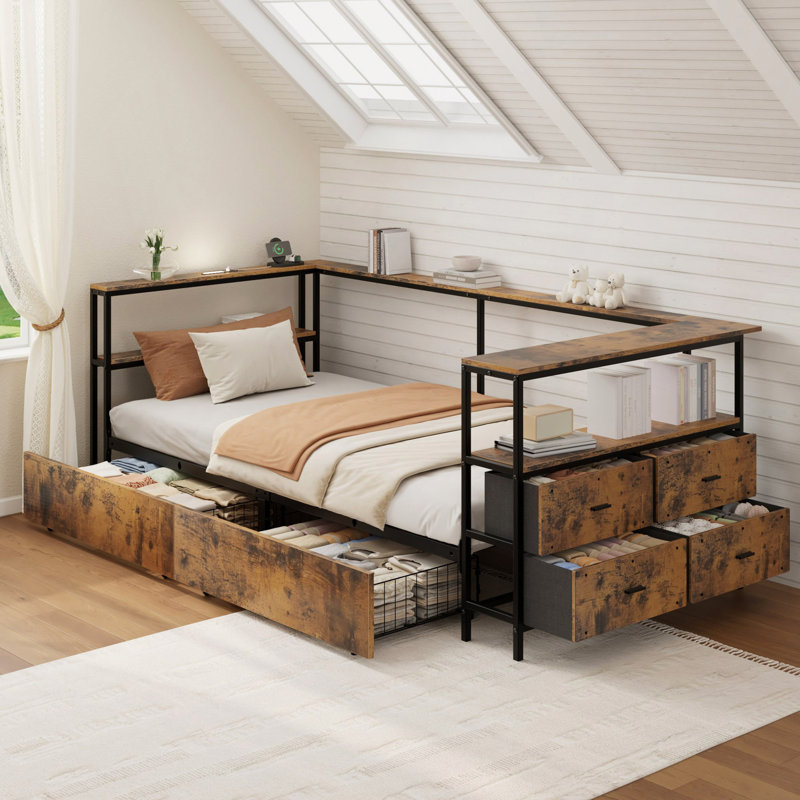 Cadre de lit d'angle avec lit plateforme en métal avec tiroirs de rangement pour lit de jour pour enfants et adolescents, cadre de lit pour enfants