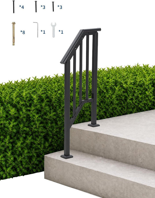 Main courante réglable pour 3 à 4 marches extérieures, rampe d'escalier en fer forgé avec balustres, noir, 500 lb