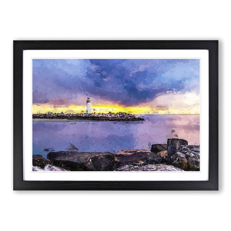 Remote Lighthouse & Seascape in Abstract - Picture Frame Graphic Art Print, Black Framed, 62cm H x 87cm W x 2cm D