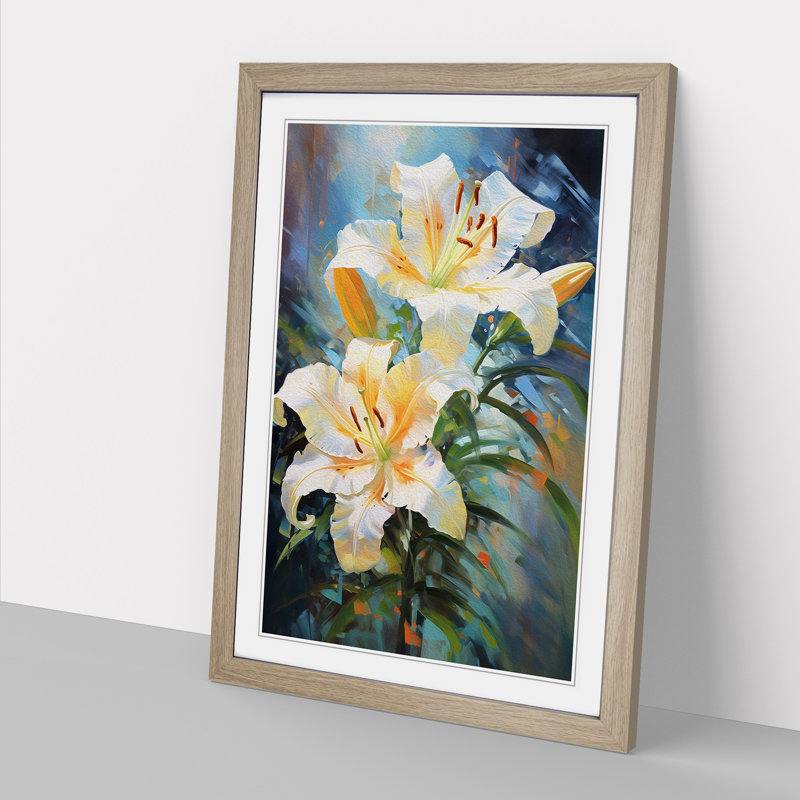 Lily Flower Impressionism - Single Picture Frame Print on Wood, 64cm H x 46cm W x 2cm D, Oak