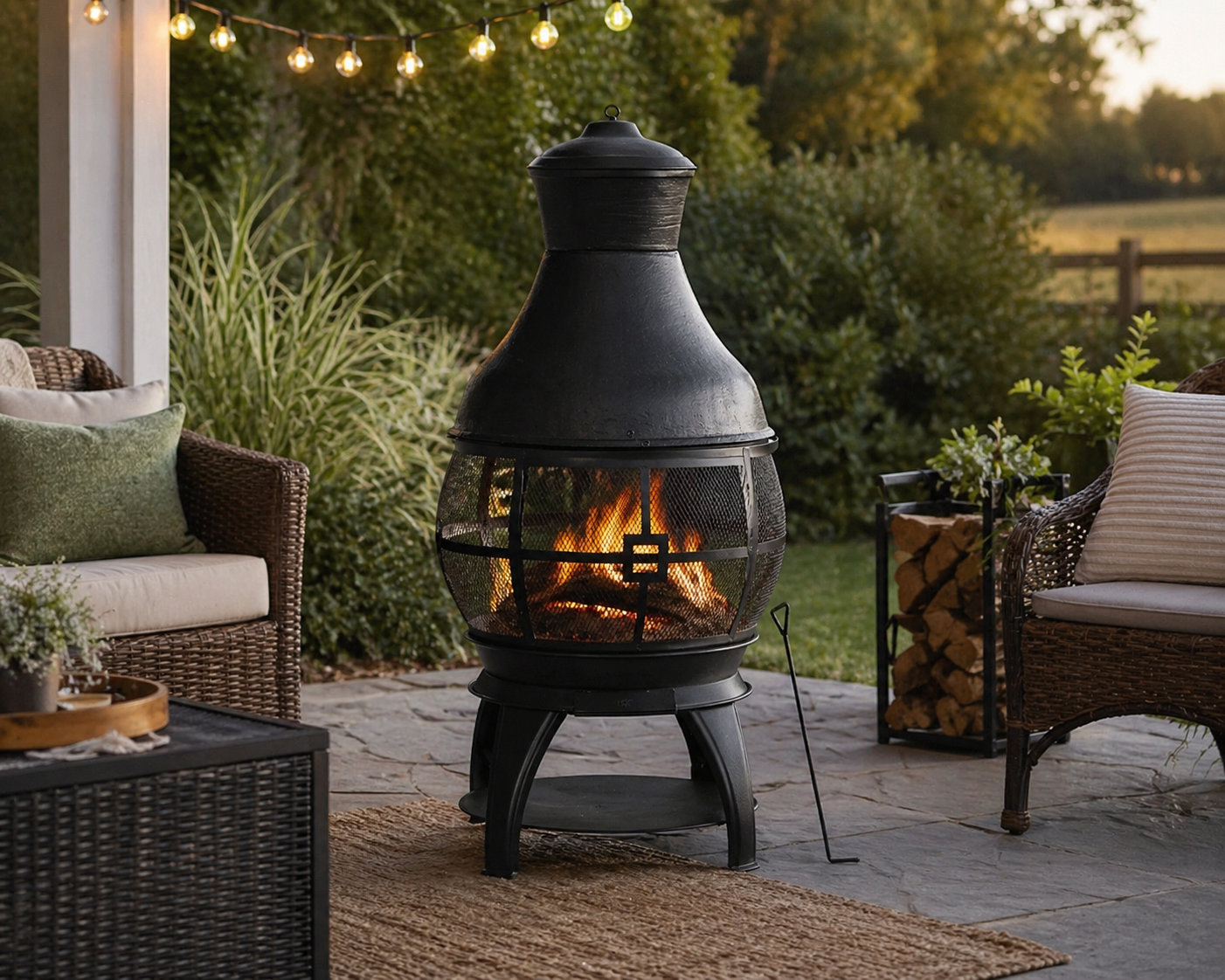 45" Cast Iron Smokeless Chiminea with Mesh Screen, Sliding Door & Rain Cap