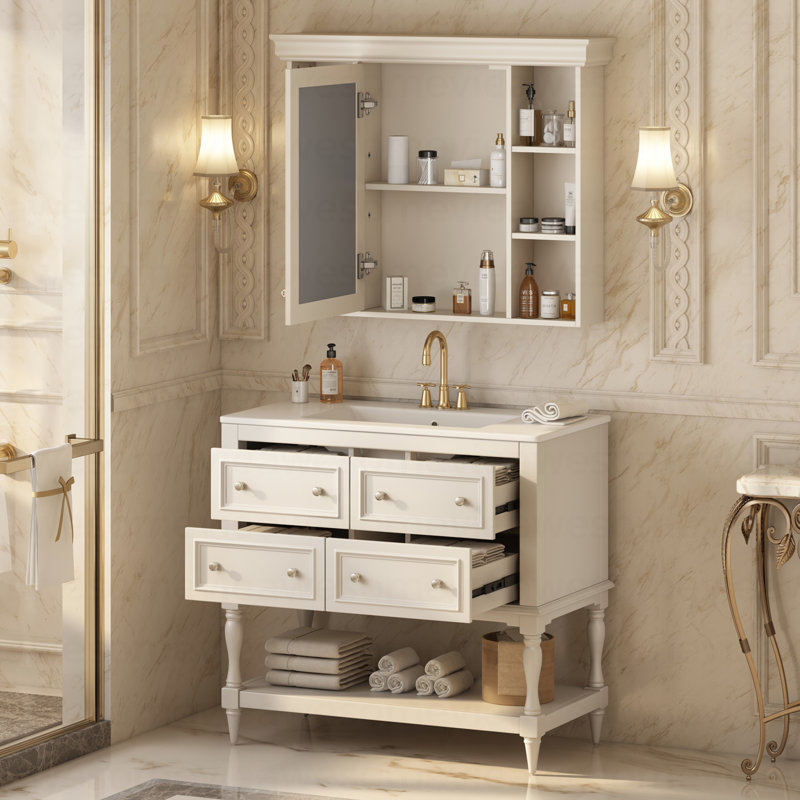 Meuble-lavabo de 36 po avec armoire à pharmacie, armoire à miroir moderne avec tablette réglable, armoire de rangement pour salle de bain à 4 tiroirs, armoire de rangement avec cadre en bois massif