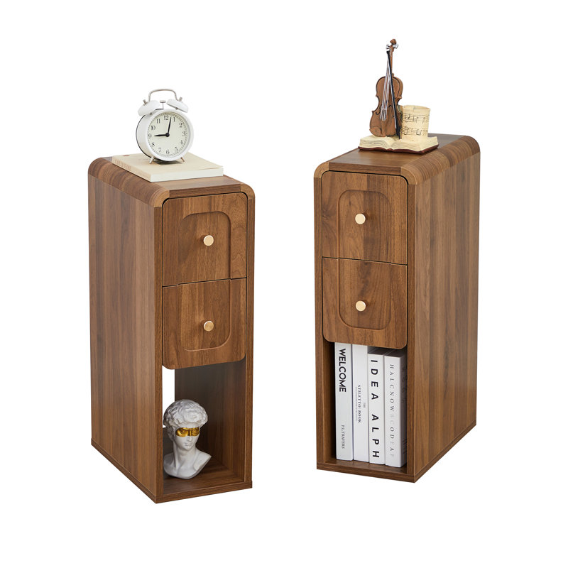 Slim End Table, Narrow Nightstand With 2 Drawers And Open Storage, Walnut