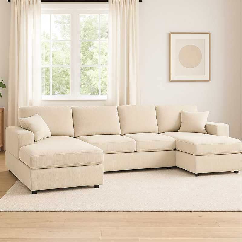 3 - Piece Corduroy Double Chaise For 4, Square Arms, Low Profile Design, And Removable Covers Effortless Maintenance Cream Sectional, 4 Comfortable Seating Options, Look, Cushions