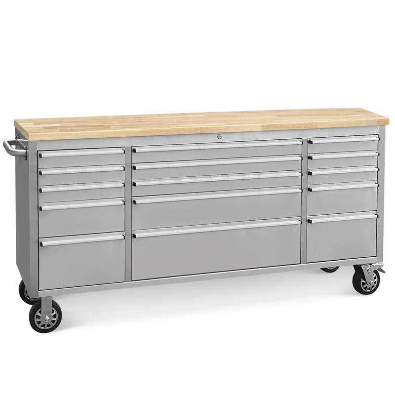 72-Inch Stainless Steel Rolling Tool Box with 15 Drawers, Heavy-Duty Mobile Garage Workbench, Lockable Large Tool Chest Storage Cabinet with Wheels for Workshop