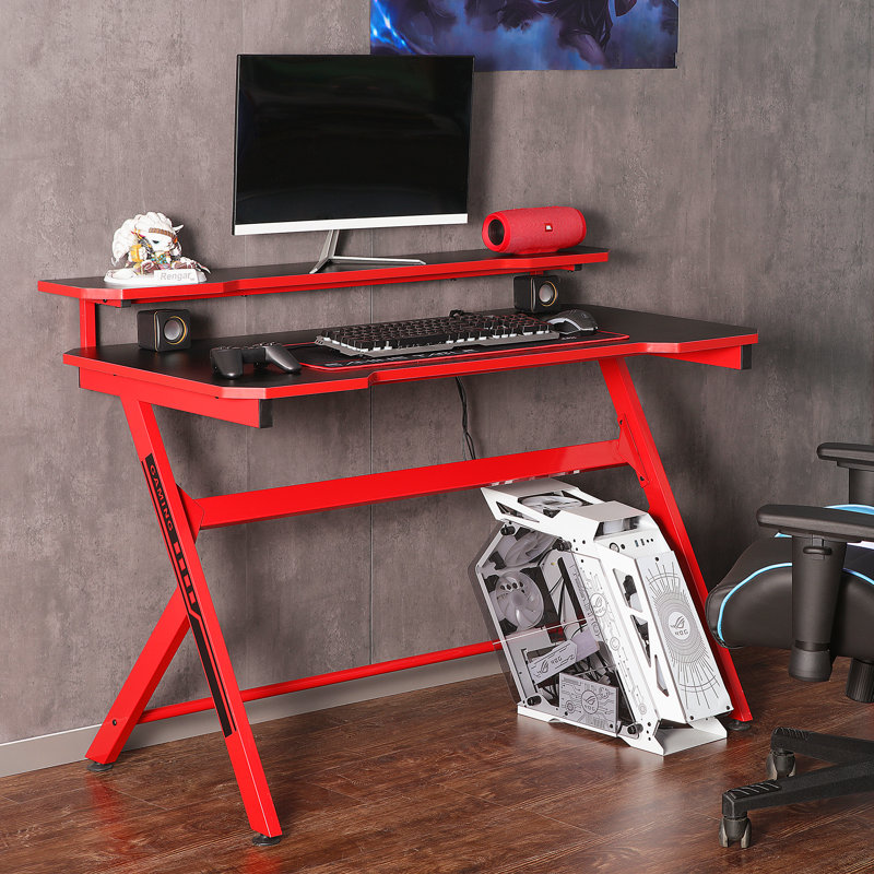 Bureau avec rehausse Runulf - Bureau d'ordinateur avec bibliothèque, Rouge