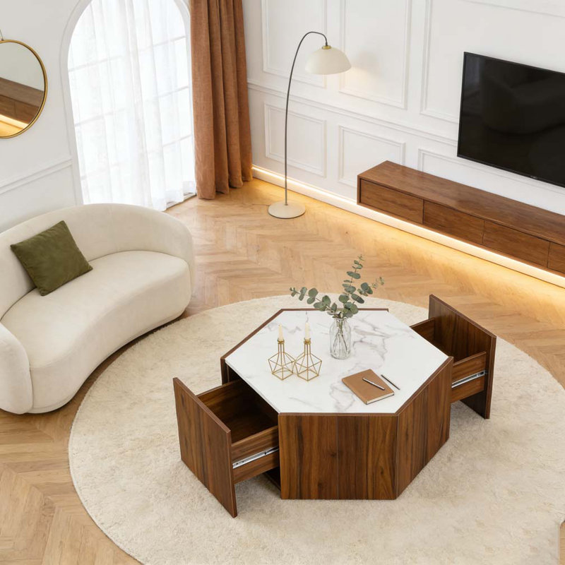 Table basse Retro, Blanc + noyer