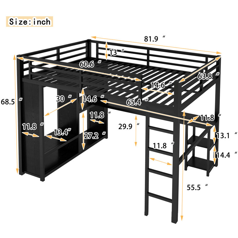 Queen size metal loft bed frame with built-in wardrobe, desk, and storage shelves, space-saving design, black