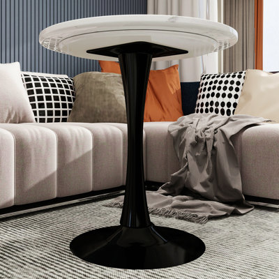 27.6-Inch Black Coffee Table, Mid-Century Modern Style Dining Table, Accommodates 2-4 People, Featuring A Round White-Veined Marble Tabletop, Suitable For Various Settings.