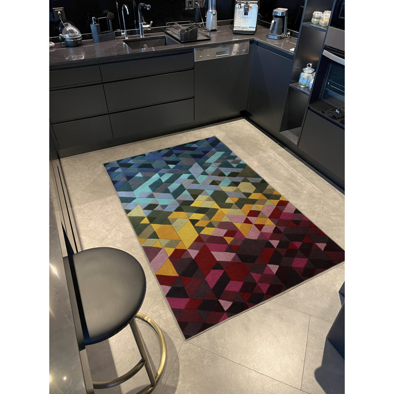 Blue-Red Themed Multi-Coloured Crystal Geometric Shape Patterned Creative Modern Decorative Rug, Runner 3'3" x 9'10"