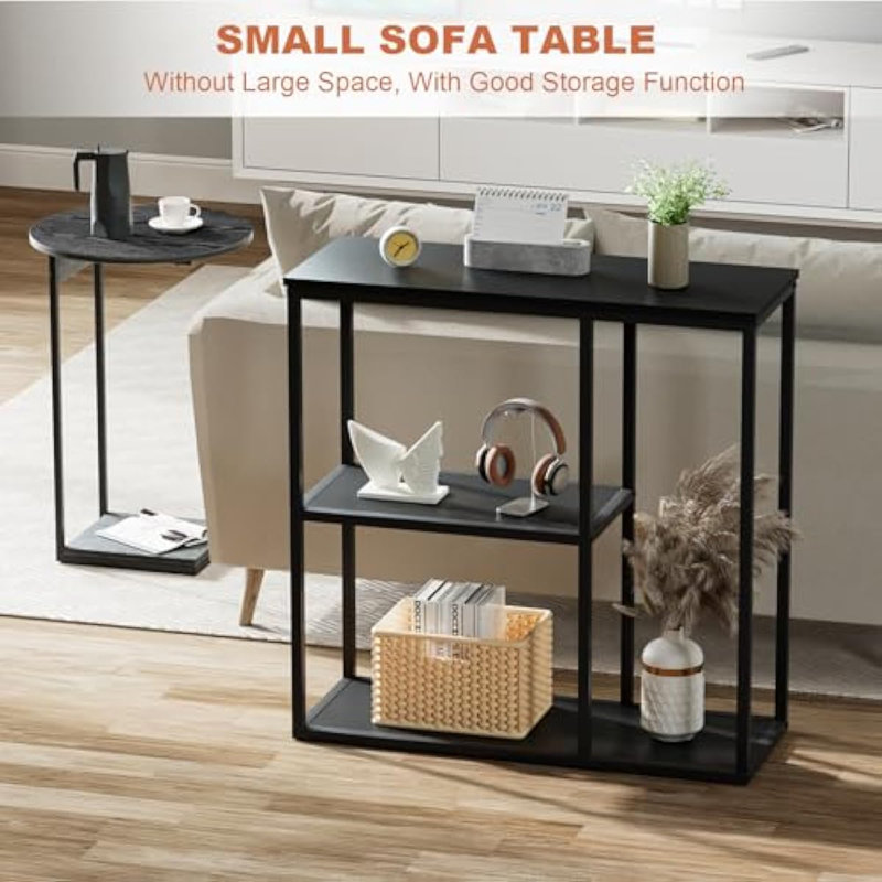 Black Metal Industrial Console Table with 3-Tier Storage