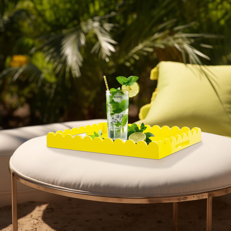 Hindley Hand-Crafted Rectangular Scalloped Wood Tray, Yellow