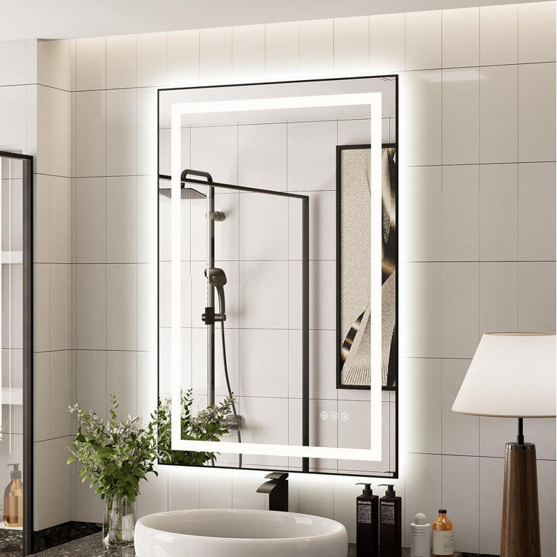 LED Black Framed Bathroom Mirror, Anti Fog, Front-lit and Back-lit 3 Color Dimmable Light, 36" x 24"
