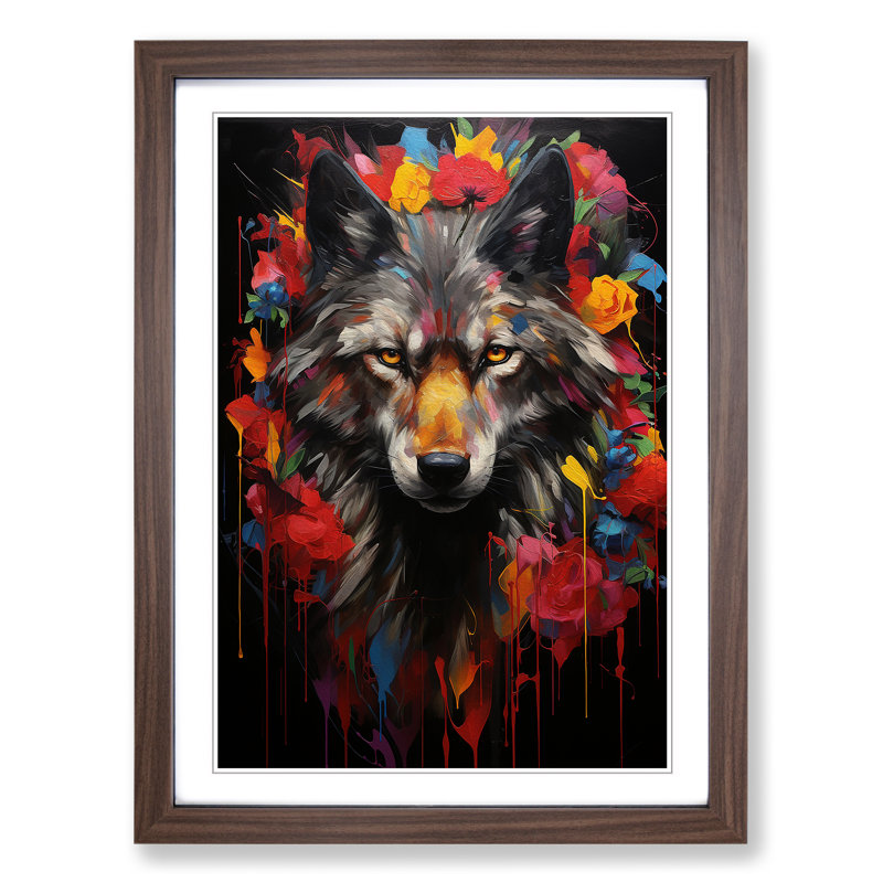 XYZ-FRM-V1223-1700 Wolf Neo-Plasticism - Single Picture Frame Print on Wood, 34cm H x 25cm W x 2cm D, Walnut