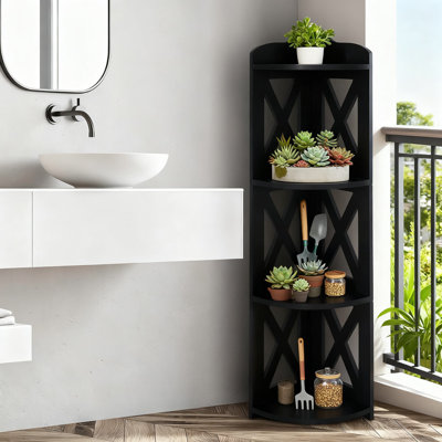 Tablette d'angle pour mur, bibliothèque de coin en bois à 4 niveaux et support pour plante avec tablettes réglables pour le salon, la chambre à coucher et le bureau