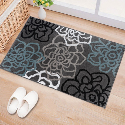 Tapis performance à motif floral gris/bleu/noir/blanc Carius – Tapis à motif floral moderne, idéal pour le salon, la chambre ou la salle à manger, résistant et facile à nettoyer