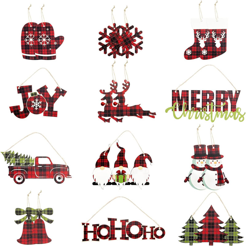 Ornements d'arbre de Noël 18 pièces Buffalo Plaid Merry Christmas Hohoho Joy