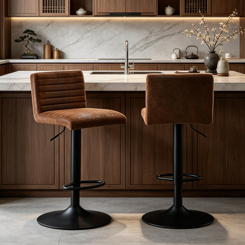 Modern Adjustable Height Suede Bar Stool 360 Swivel Low Back with Footrest, Brown
