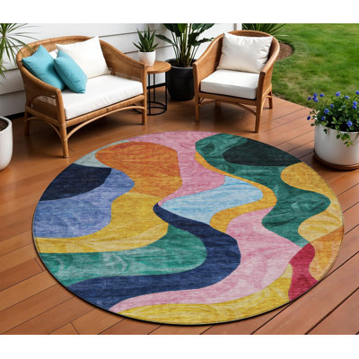 Tapis extérieur rond lavable abstrait orange et rose 8 pi