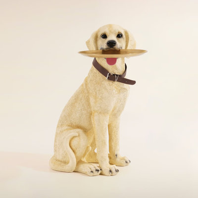 Modern Beige Resin Dog Sculpture Cute End Side Table With Stainless Steel Storage Tray
