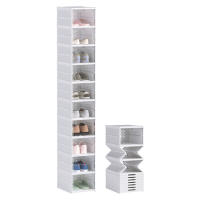 HOMCOM 10-Pack Stackable Plastic Shoe Storage Boxes with Clear Drop-Front Doors, Foldable Sneaker Organizers, White