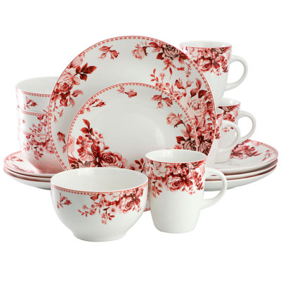 Lark Manor Traditional Red Rose 16 Piece Stoneware Dinnerware Set