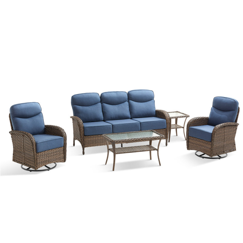 Ensemble de meubles de patio extérieur en osier toutes saisons avec canapé et fauteuils pivotants 5 pièces, Bleu