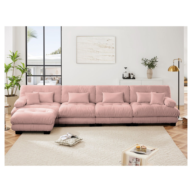 Canapé modulaire en chenille rose, canapé en forme de L à 4 places avec repose-pieds convertible pour le salon