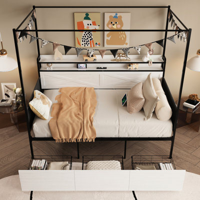 Modern White Twin Bed Frame Featuring 3 Under - Bed Storage Drawers, Charging Station And Guardrail For Bedroom Contemporary Size With Dock Led Strips