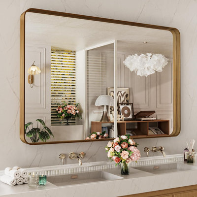 Miroir de salle de bain 40 po x 30 po avec cadre en métal de couleur grain de bois, miroir de salle de bain rectangulaire arrondi avec cadre en métal, antirouille, suspendu horizontalement ou verticalement, verre trempé