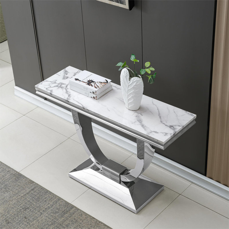 Console 46,85 po pour hall d'entrée avec base en acier inoxydable, Marbre blanc, Argent argent