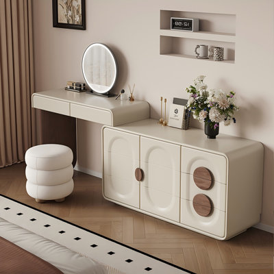 Bureau de coiffeuse de coin extensible crème avec miroir et tabouret