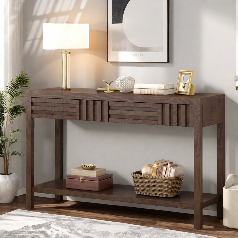 Modern Console Table With Striped Design, 2 Drawers And 2-tier Design, Brown