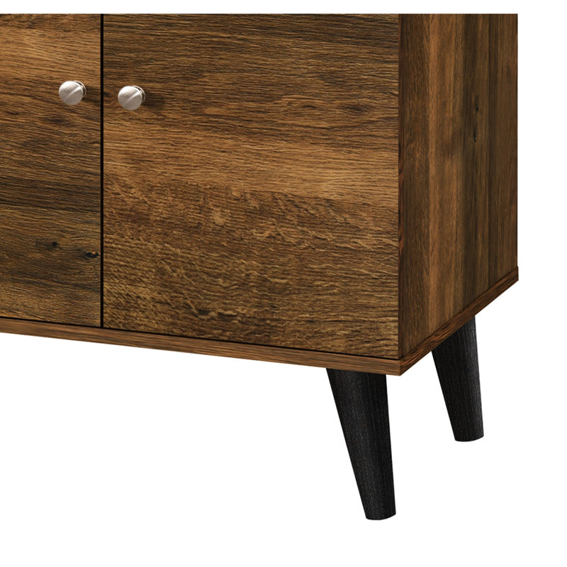 Brown Tv Stand For 50 - 59 Inch Tvs, With 2 Shelves & 1 Cabinet. Modern Entertainment Center In Living Room. Functional Open Shelf Electronic Devices. Hidden Storage Compartment. Mid-Century Style.