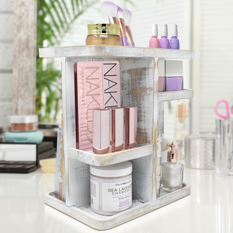 Gray Wood 8 Compartment Makeup Organizer with Swivel Base