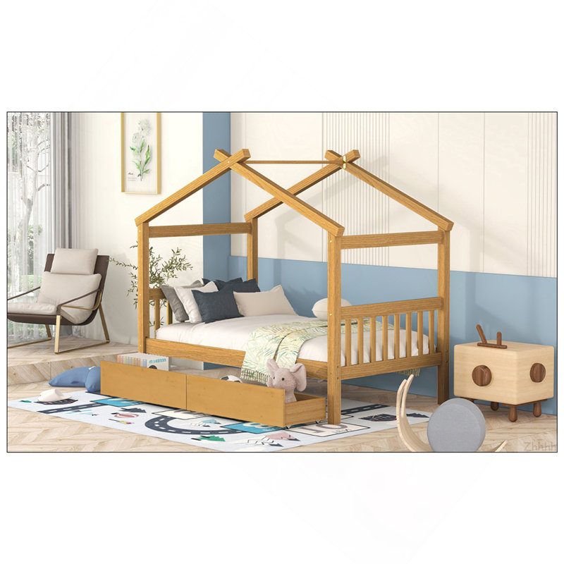 Lit simple en bois avec tiroirs, naturel, Natural