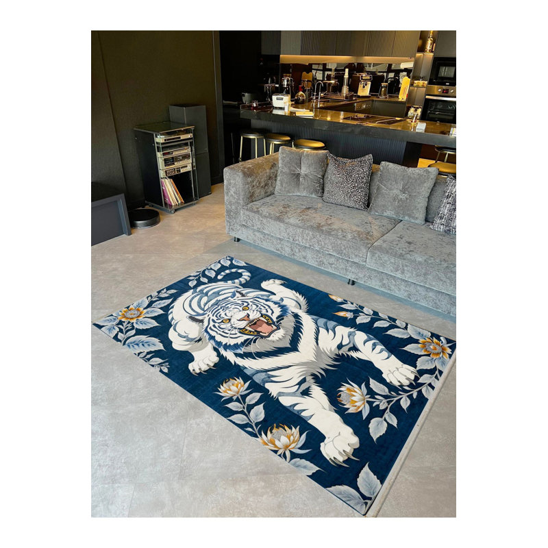 Tapis décoratif moderne à motif tigré blanc et à motif de fleurs de la collection Tokyo