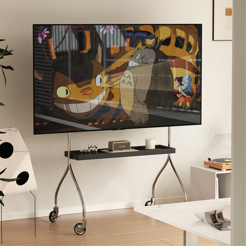 Meuble télé noir antique avec rotation à 360 degrés, tablettes réglables et pieds en acier inoxydable durables pour téléviseurs de 43 à 70 pouces