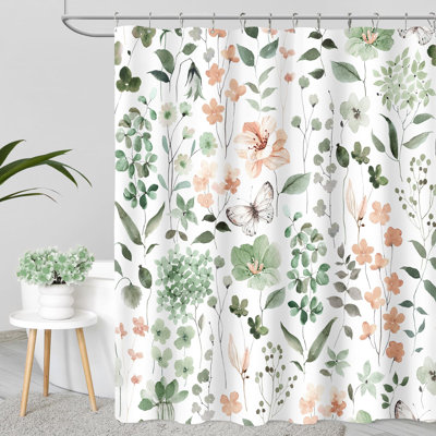 Mignon rideau de douche à motif floral, rideaux de douche en tissu fleur de sauge vert pour salle de bain, ensemble de rideau de douche en tissu printemps-été avec crochets, 72 x 72