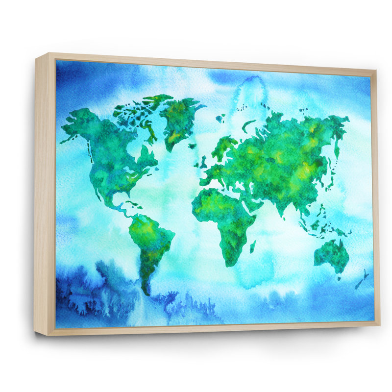 «World Map Blue Green Tone», reproduction sur toile, H 12 po x l 20 po x P 1 po, Cadre naturel flottant