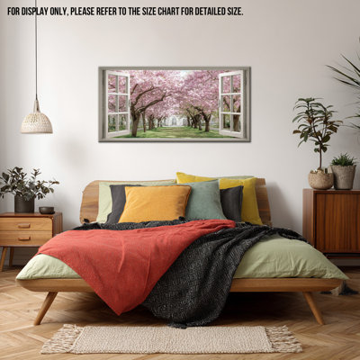  Art mural de paysage de fenêtre en forme de fleur de cerisier, art de la nature, cadre ouvert pour le salon, la chambre à coucher, 24 po x 48 po