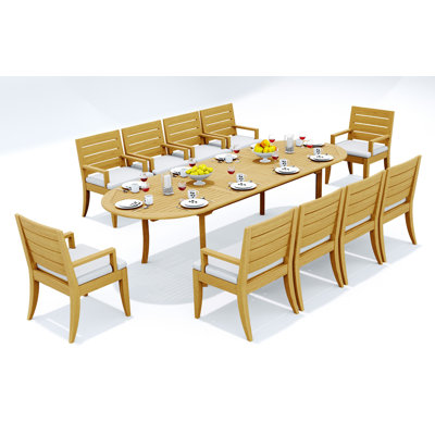 Ensemble de salle à manger 11 pièces en bois de teck de qualité A: table ovale à double extension et fauteuils Carleton # 11AT2610