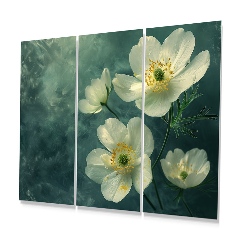 «White Green Buttercups Reflection» 3 pièces, Sans cadre, H 40 po x l 60 po