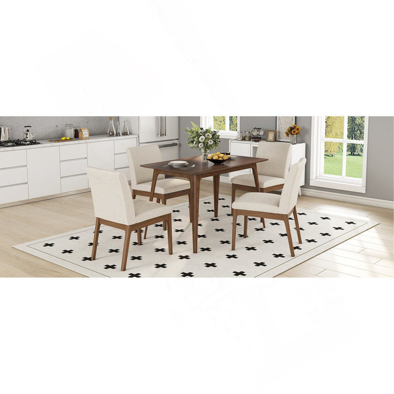 Ensemble de table de salle à manger 5 pièces avec une table à structure en bois massif et 4 chaises rembourrées pour la salle à manger (noyer et beige clair)
