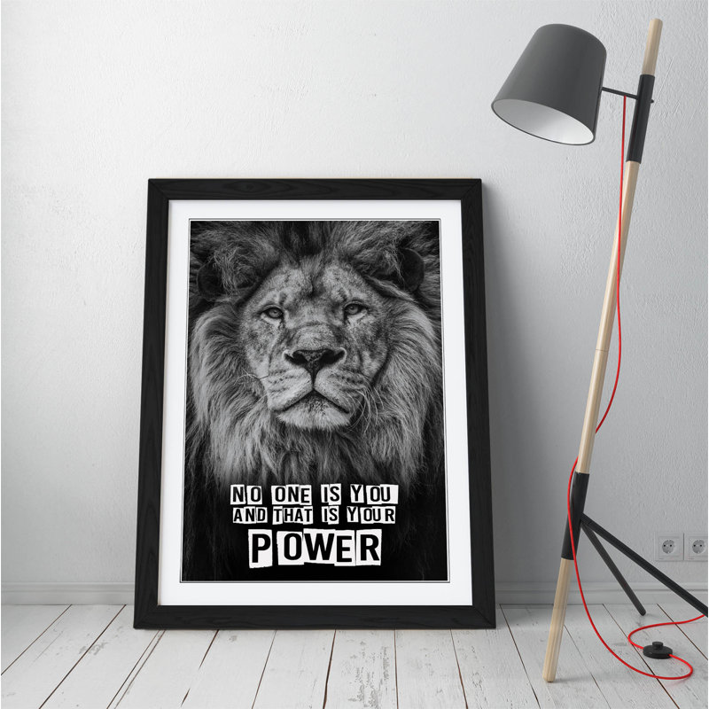 Lion Head Strength Power Quote - Single Picture Frame Print on Canvas, Black, 47cm H x 35cm W